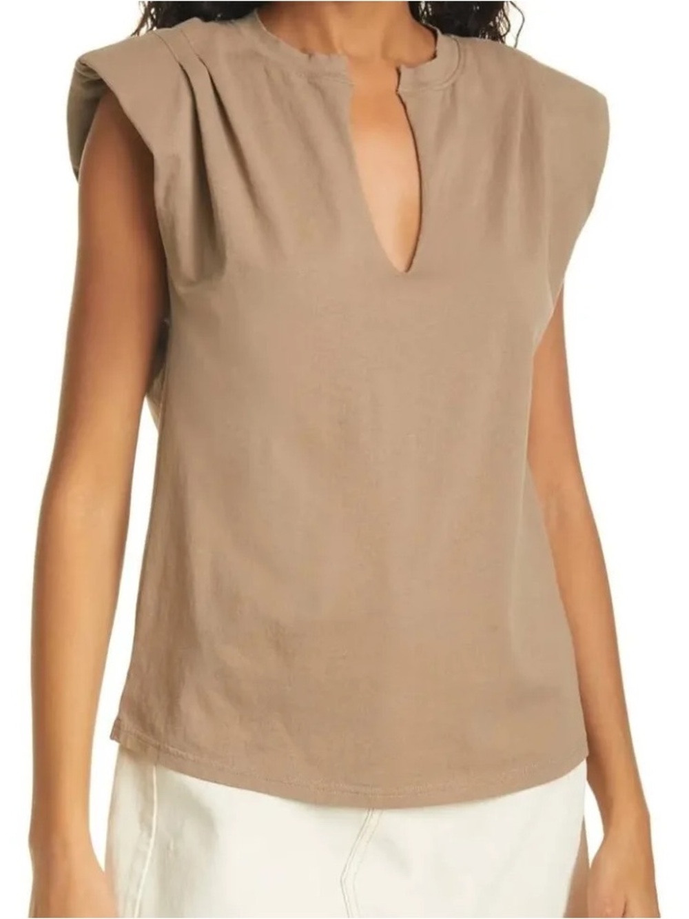 FRAME Women's Padded-Shoulder V-Neck Short-Sleeve Tee Color Desert Medium